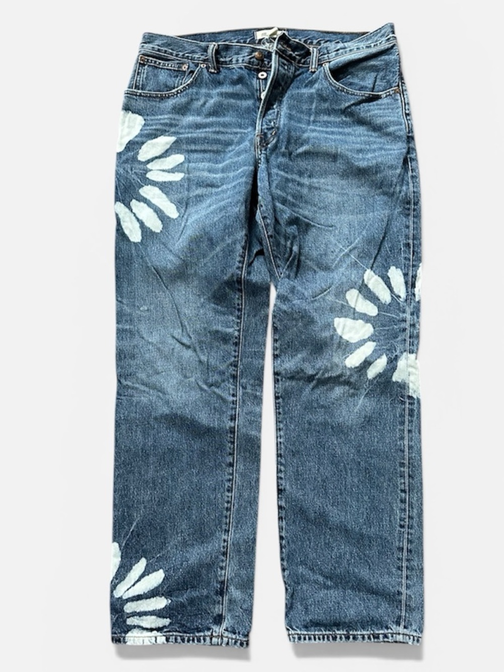 Madewell Mid-Blue The Dean Straight-Leg Jeans with White Daisy Bleach Motifs